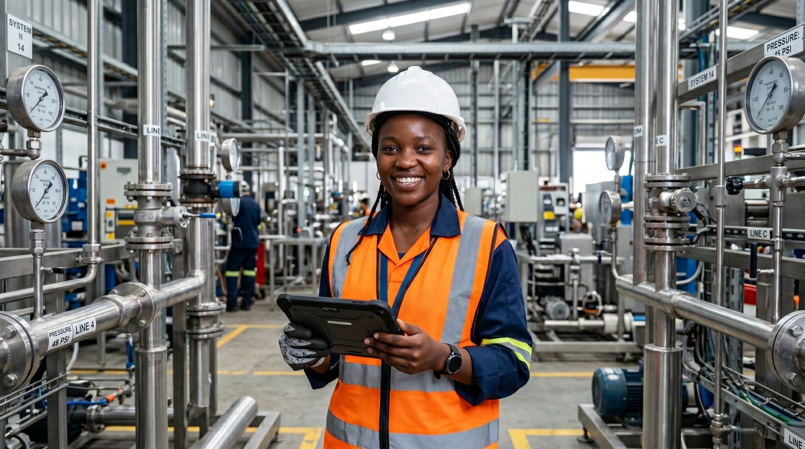 Technicienne MAINTEX sur site industriel avec tablette