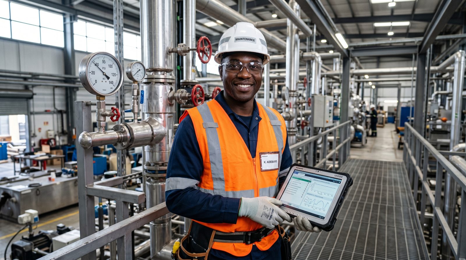Technicien africain avec tablette MAINTEX - Diagnostic IA en milieu industriel
