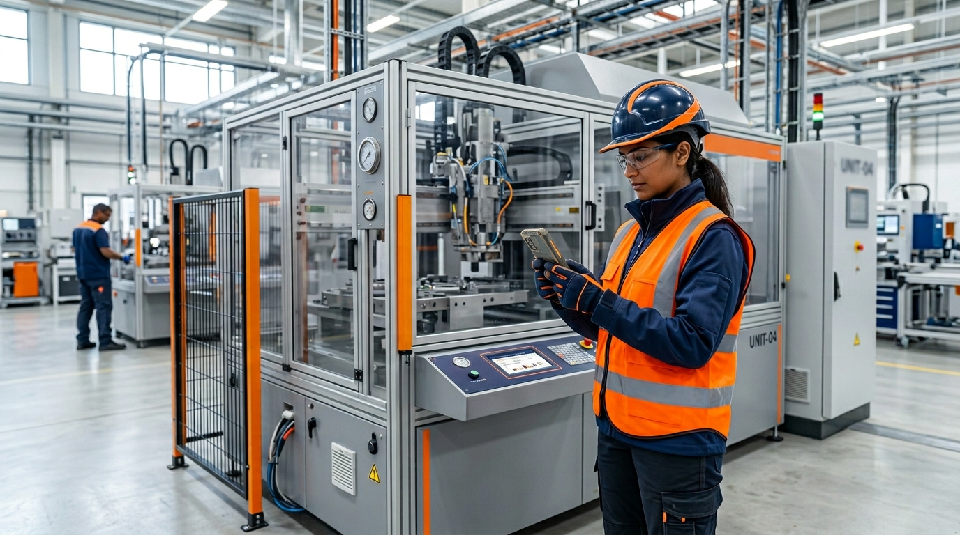 Technicien de terrain utilisant l'application mobile MAINTEX devant une machine