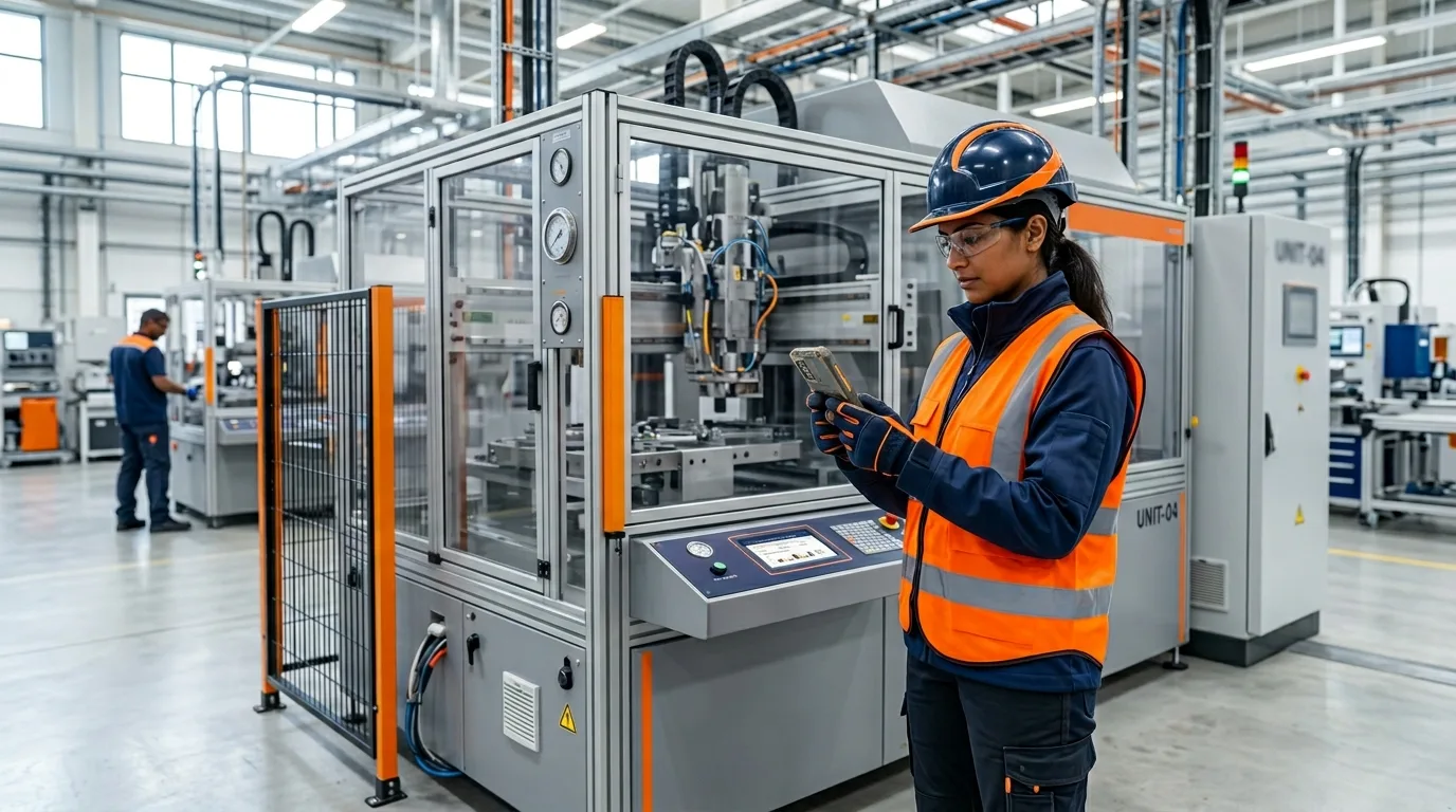 Technicien de terrain utilisant l'application mobile MAINTEX devant une machine