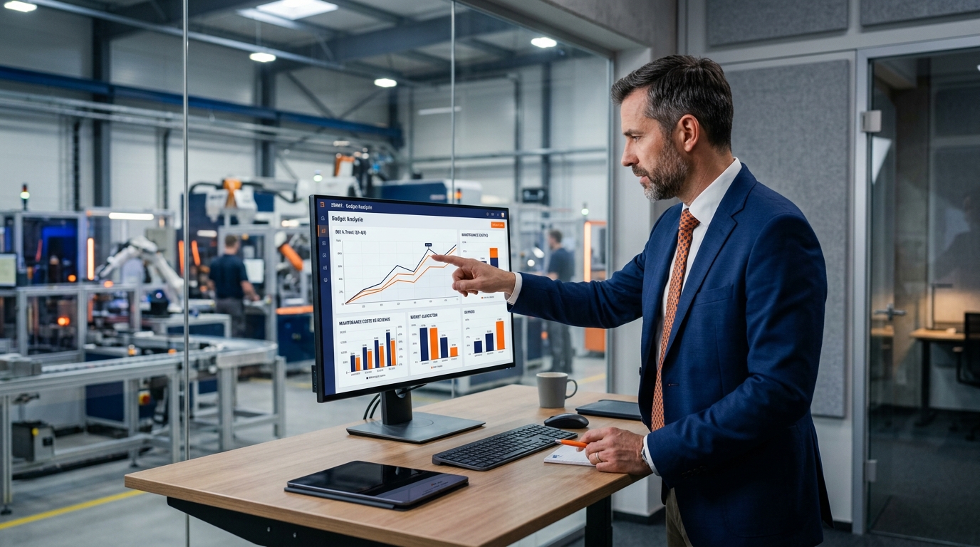 Gestionnaire analysant le budget GMAO sur ecran
