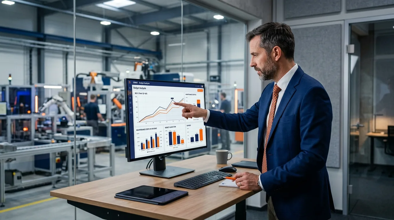 Gestionnaire analysant le budget GMAO sur ecran
