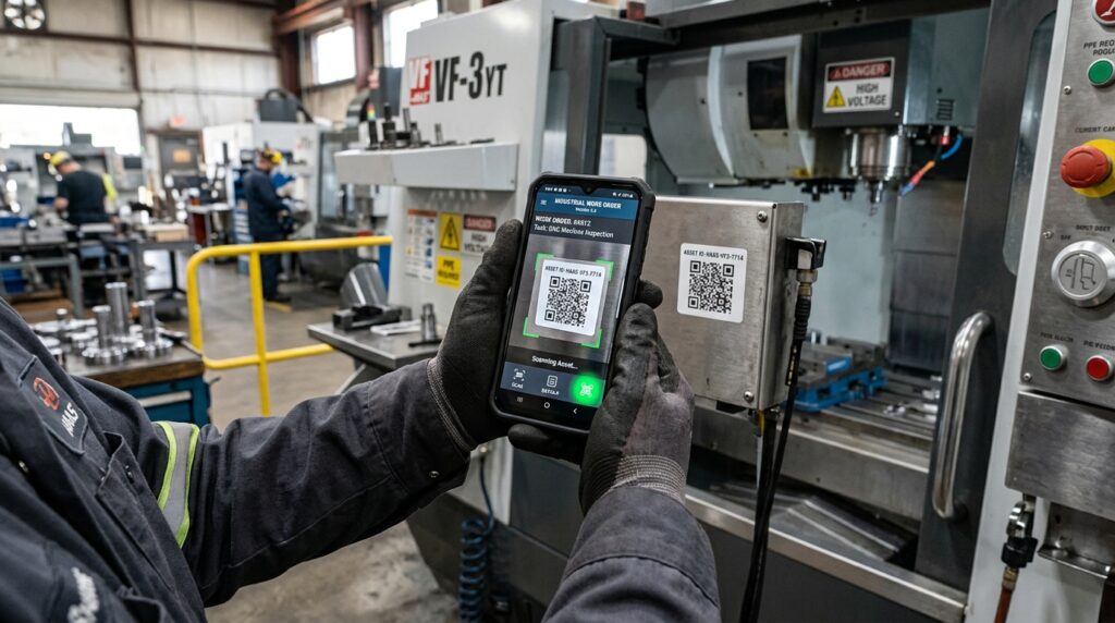 Scan d'un QR code sur une machine via l'application mobile MAINTEX