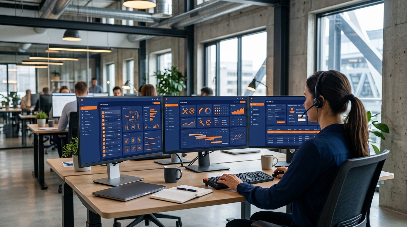 Plusieurs interfaces de logiciels GMAO sur des ecrans de bureau
