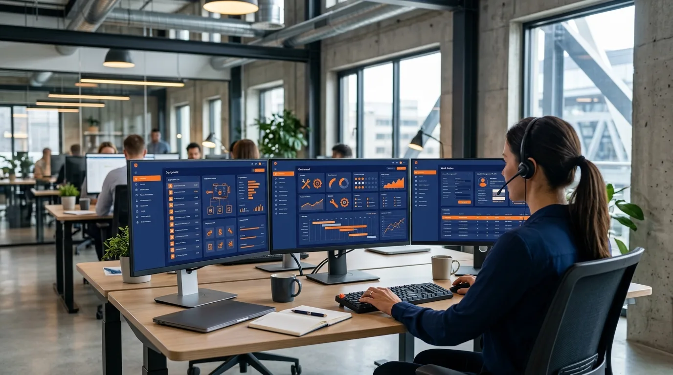 Plusieurs interfaces de logiciels GMAO sur des ecrans de bureau