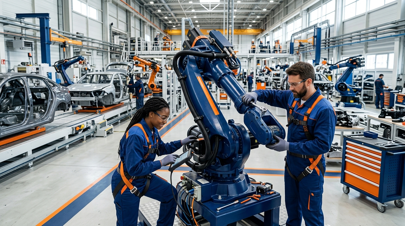 Techniciens assurant la maintenance d'une ligne d'assemblage automobile robotisée