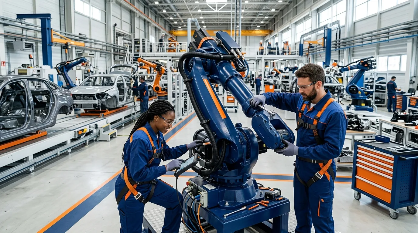Techniciens assurant la maintenance d'une ligne d'assemblage automobile robotisée