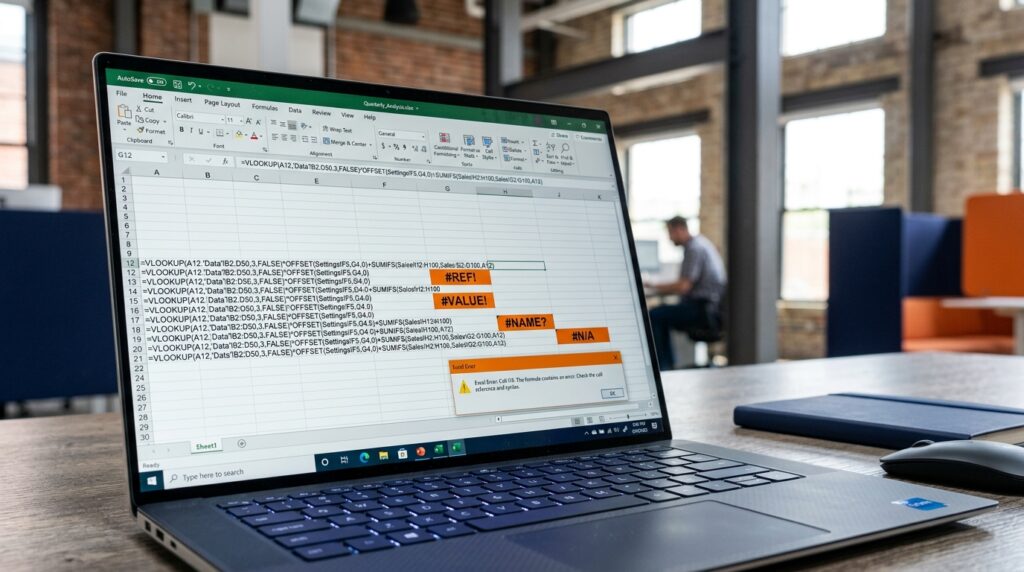Ecran affichant des formules Excel avec erreurs