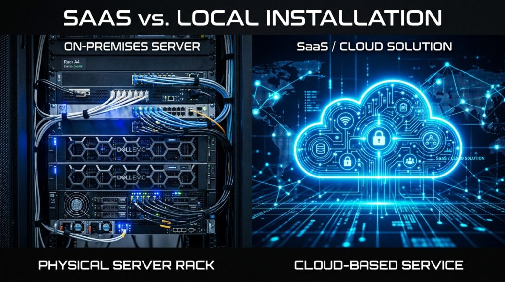 Baie de serveurs on-premise face au symbole du cloud