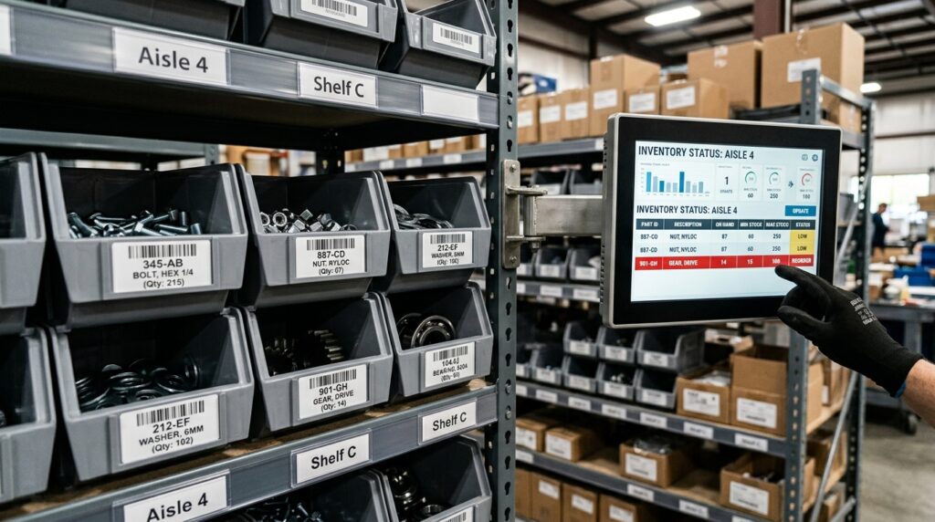 Étagères de pièces étiquetées et écran de niveaux de stock