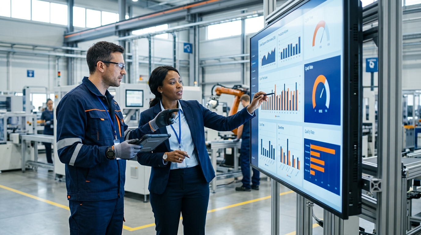 Manager et technicien analysant des indicateurs d'excellence opérationnelle