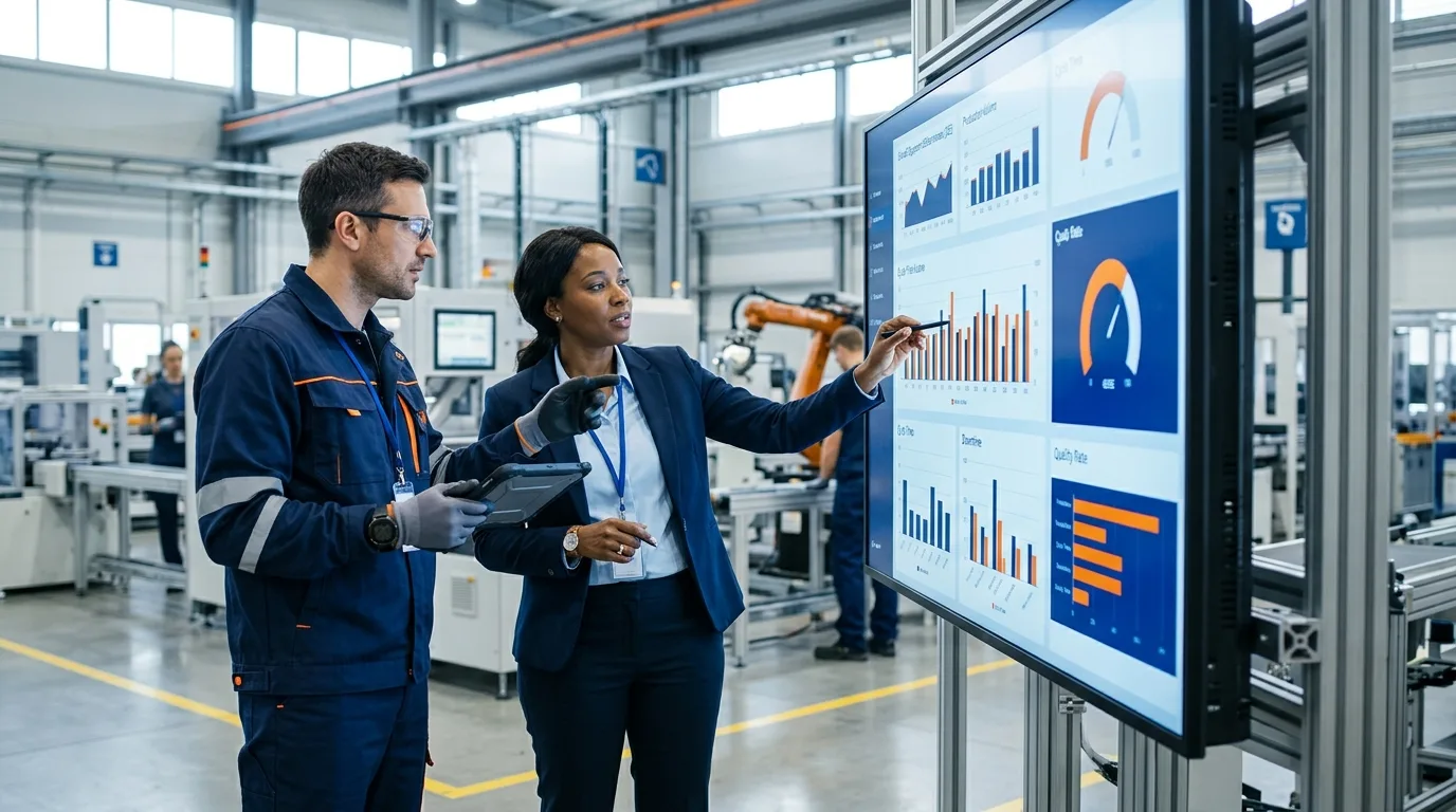 Manager et technicien analysant des indicateurs d'excellence opérationnelle