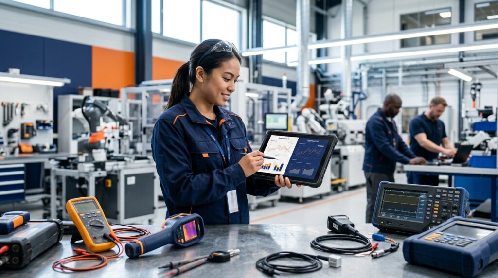 Técnico a comparar duas abordagens de manutenção num tablet