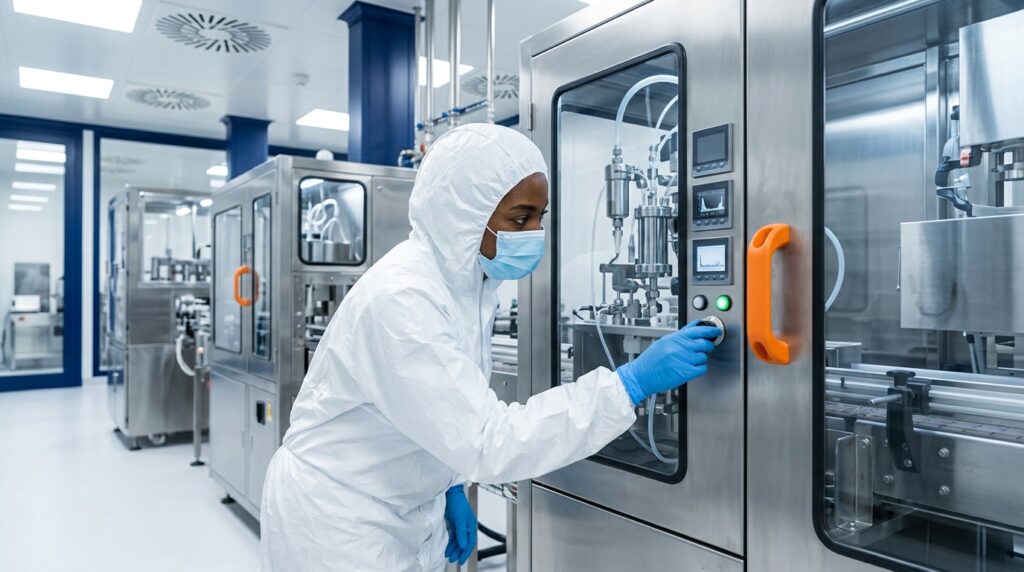 Technicien contrôlant un équipement de production en salle blanche pharmaceutique