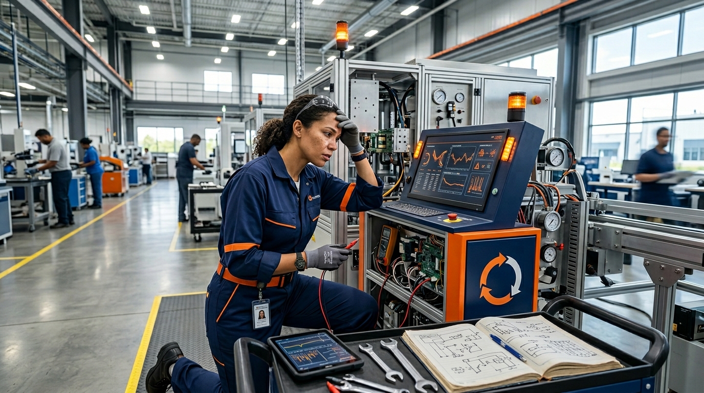 Technicien face a une machine qui retombe en panne