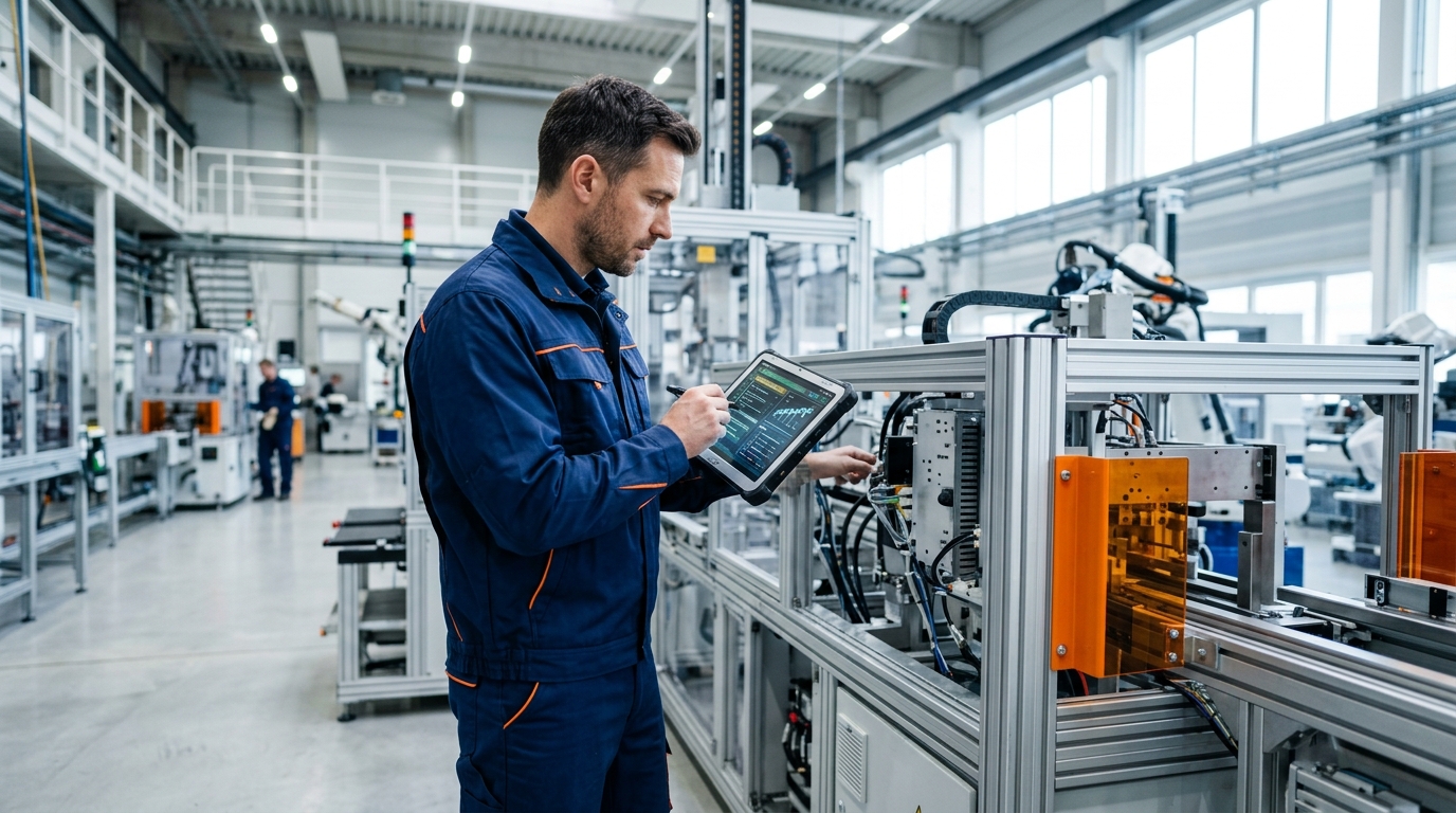 Technicien suivant un plan de maintenance preventive sur tablette