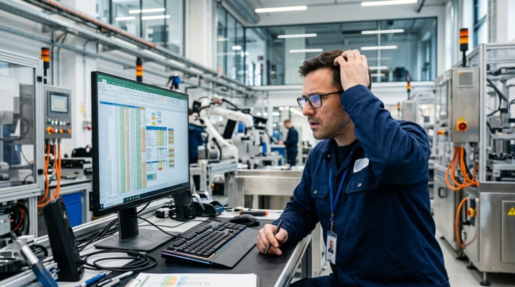 Technicien perplexe devant un tableur Excel de maintenance