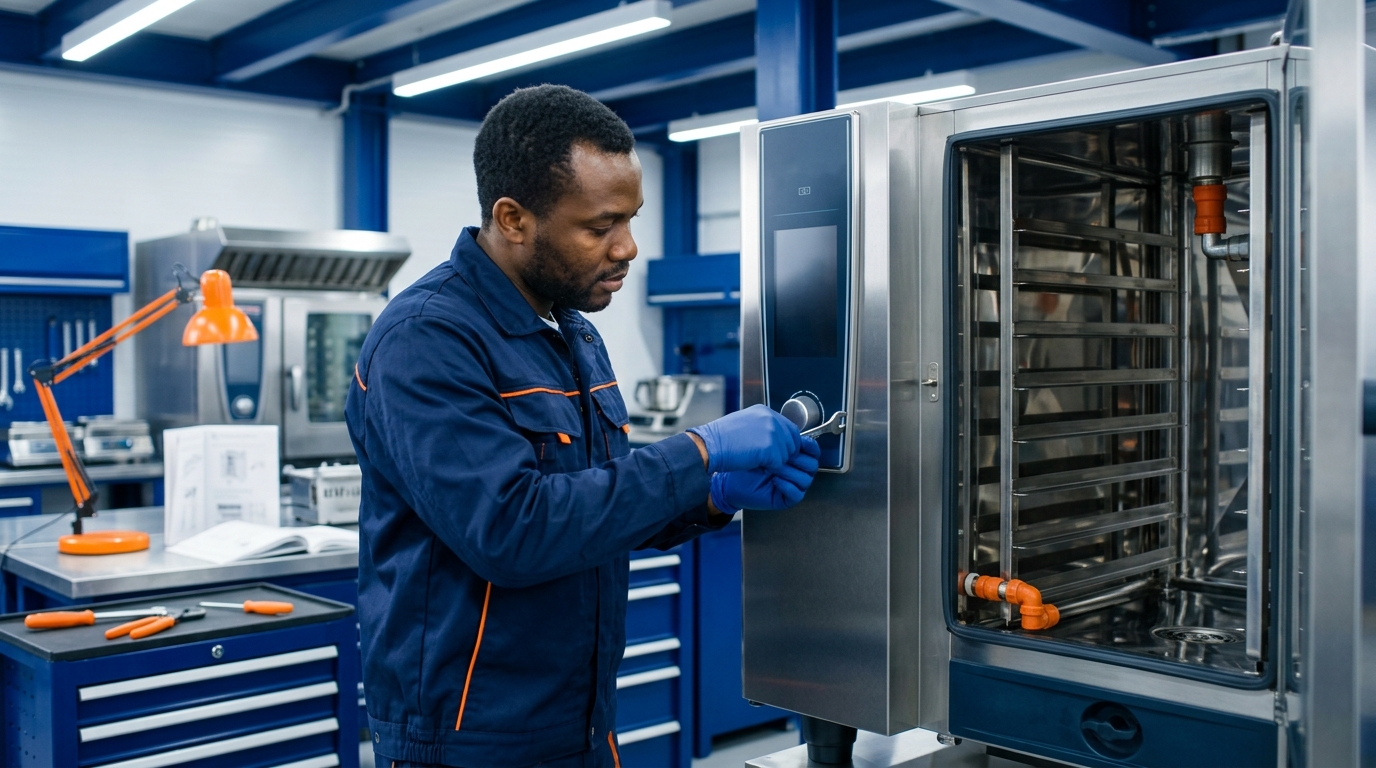 Techniciens assurant la maintenance d'équipements de cuisine professionnelle