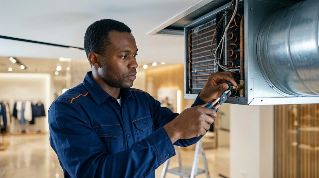 Técnico a fazer a manutenção de um sistema técnico (AVAC, iluminação) numa loja