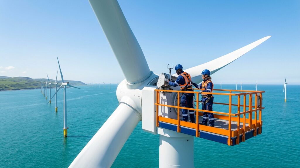 Técnico realizando el mantenimiento de un aerogenerador