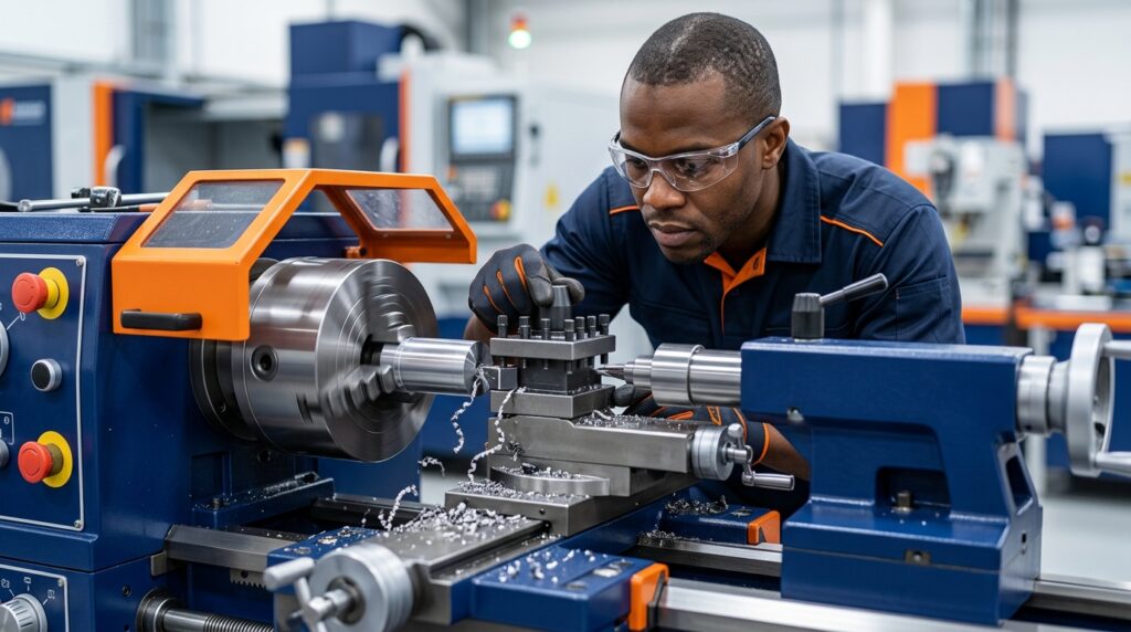 Técnico en un torno de control numérico (CNC) en un taller de mecánica