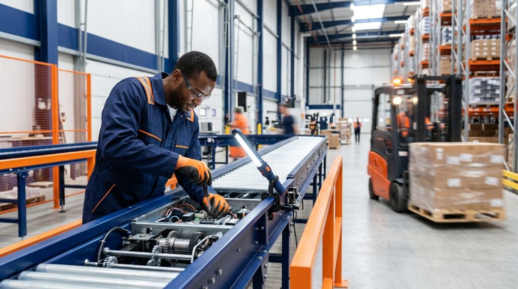 Technicien réparant un convoyeur automatisé dans un entrepôt logistique
