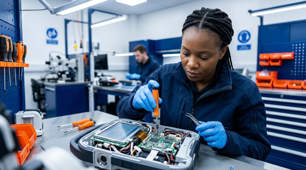 Técnico a reparar um equipamento médico num ambiente hospitalar