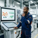 Technicien songeur devant une machine en panne