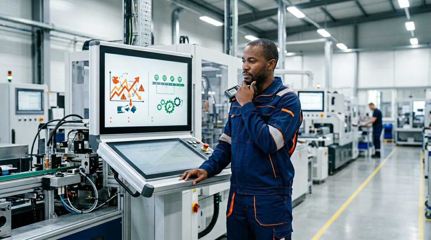 Technicien songeur devant une machine en panne
