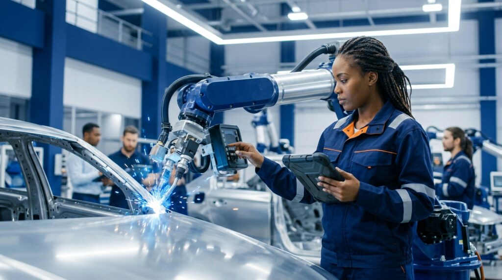 Technician working on a robotic arm of an assembly line