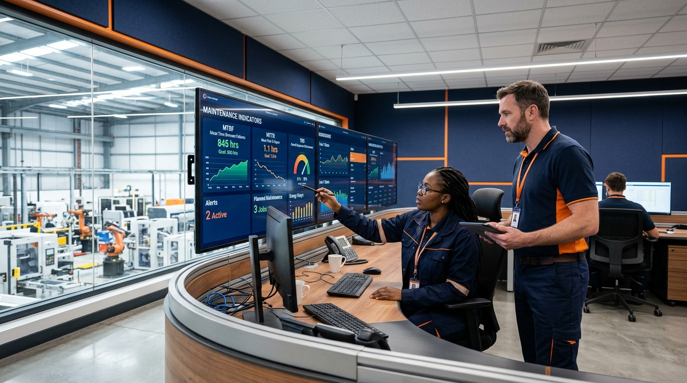 Salle de supervision avec tableau de bord des indicateurs de maintenance