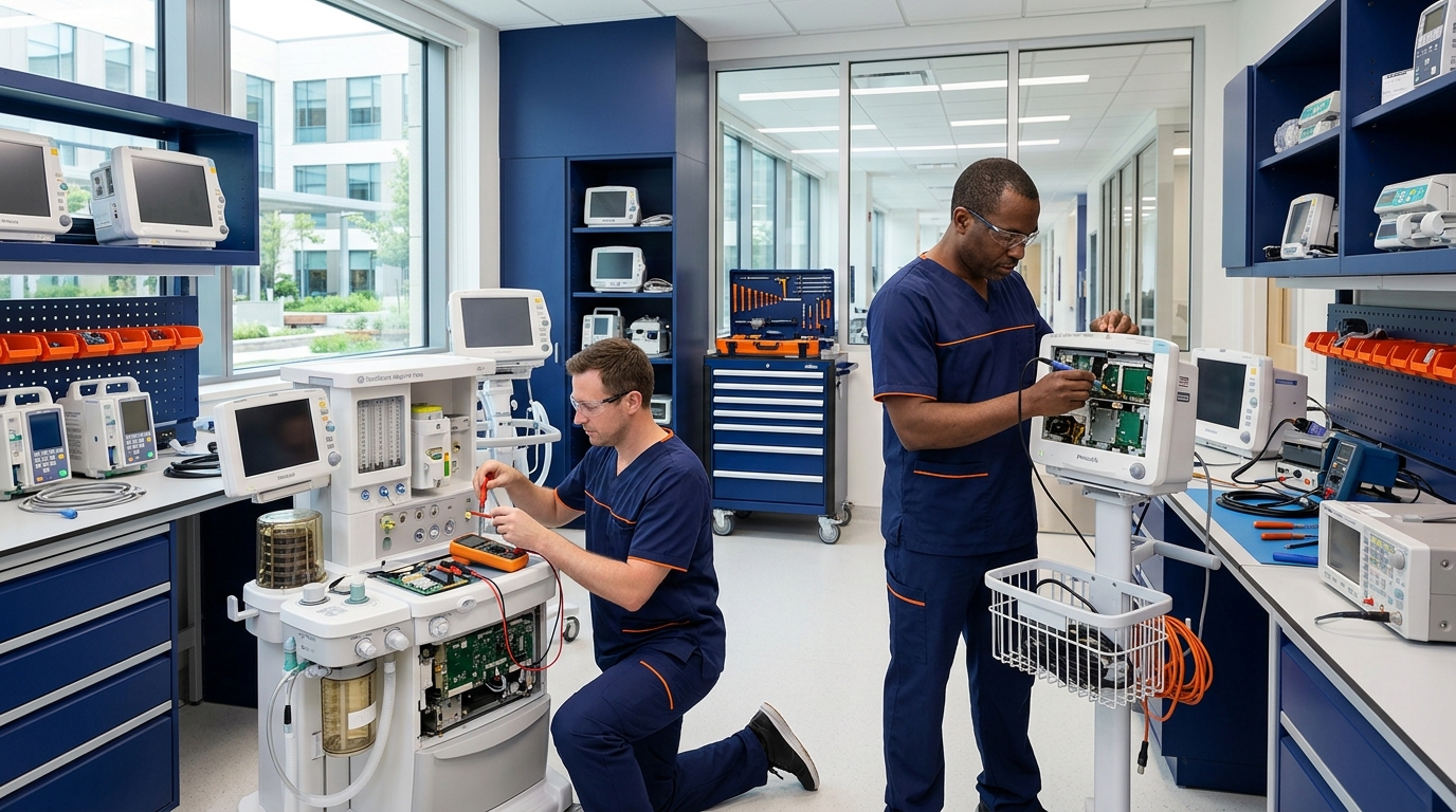 Techniciens assurant la maintenance d'équipements biomédicaux à l'hôpital