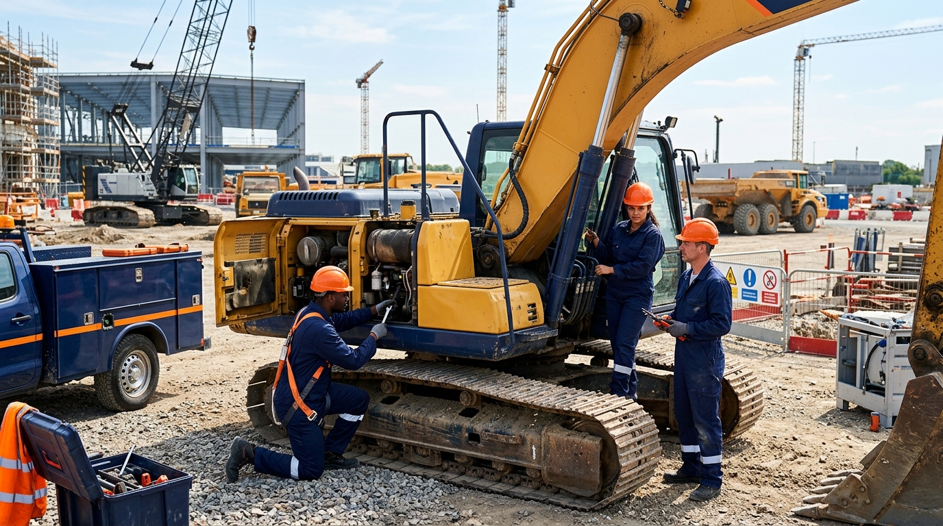 Techniciens assurant la maintenance d'engins sur un chantier BTP