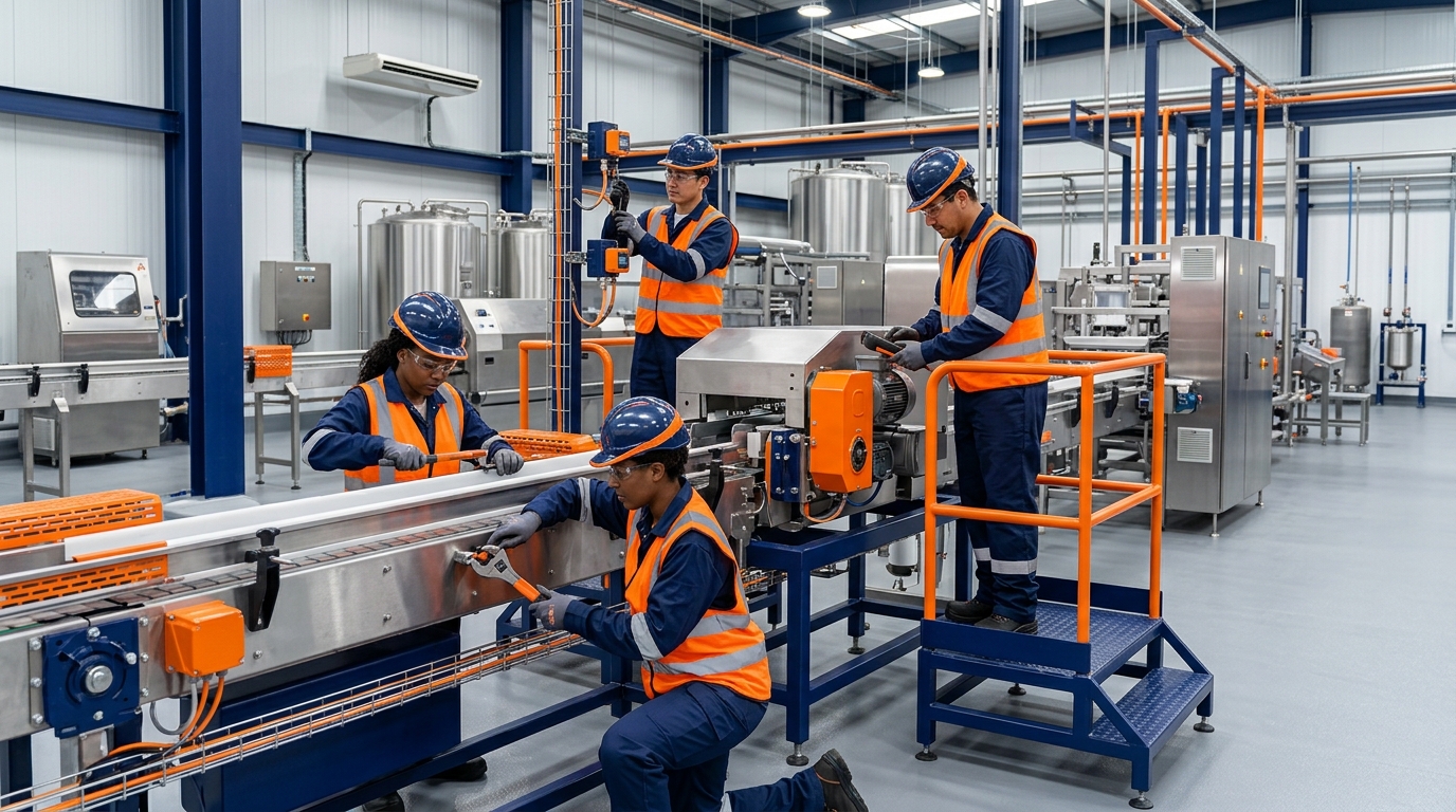 Techniciens assurant la maintenance d'une ligne de production agroalimentaire