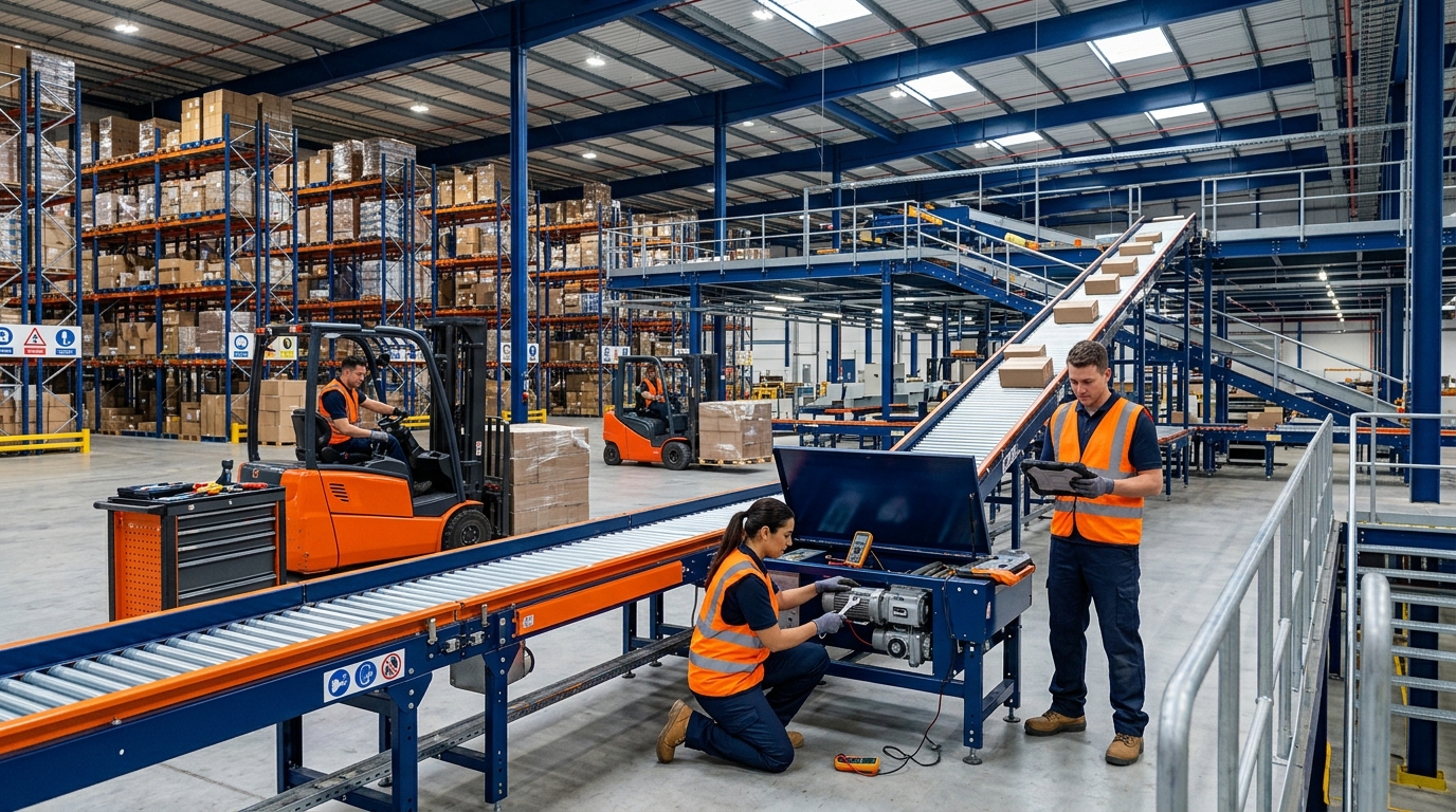 Techniciens assurant la maintenance d'un entrepôt logistique