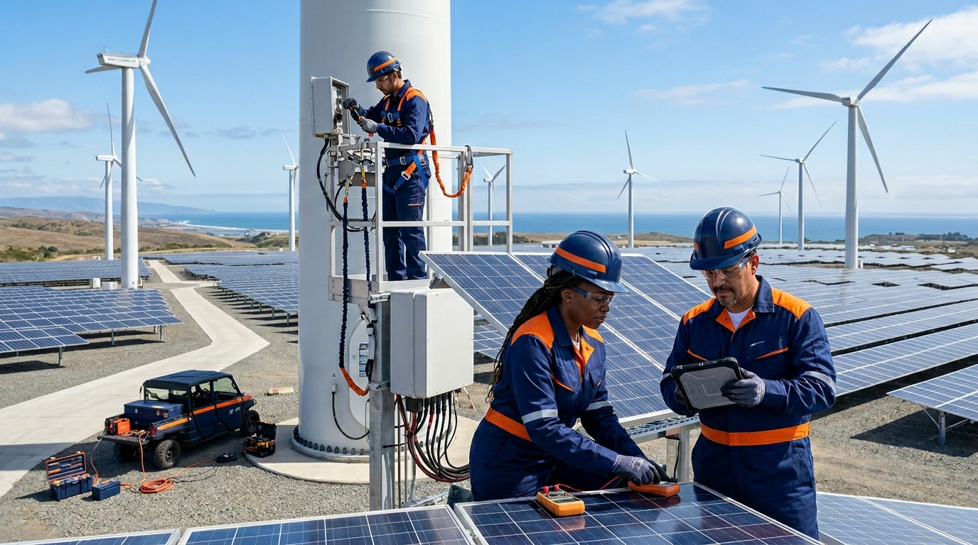 Techniciens assurant la maintenance d'éoliennes