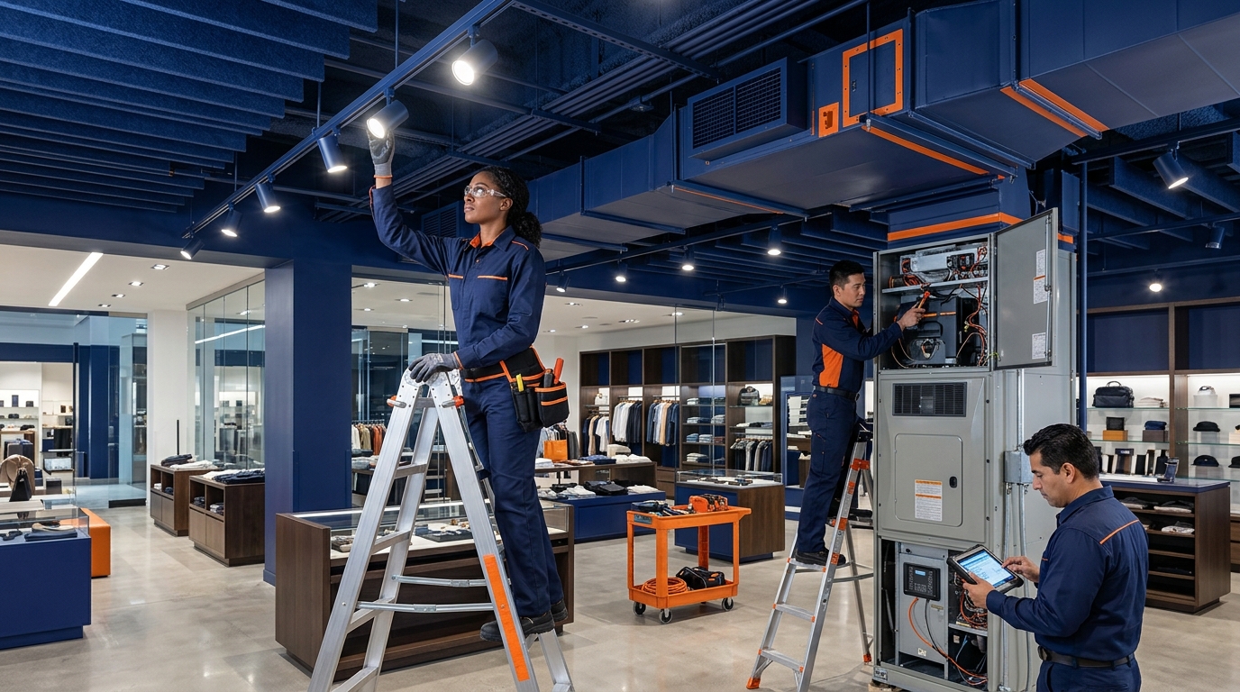 Techniciens assurant la maintenance technique d'un magasin