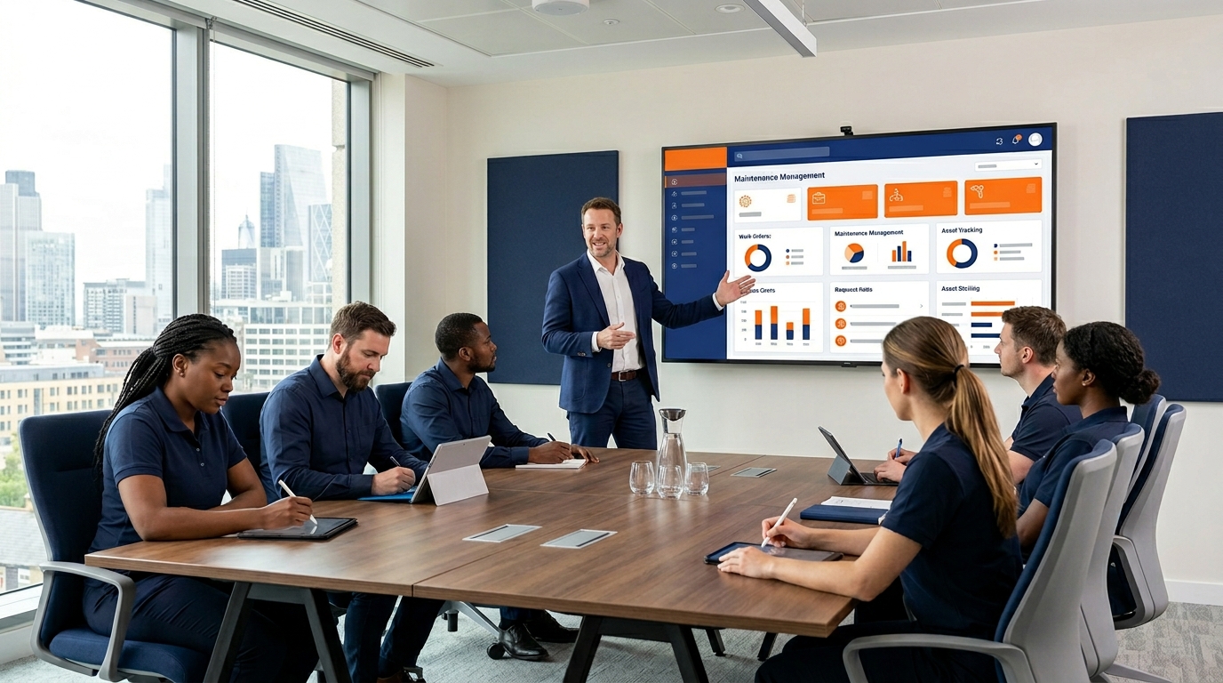 Formateur animant une session de formation GMAO pour des techniciens